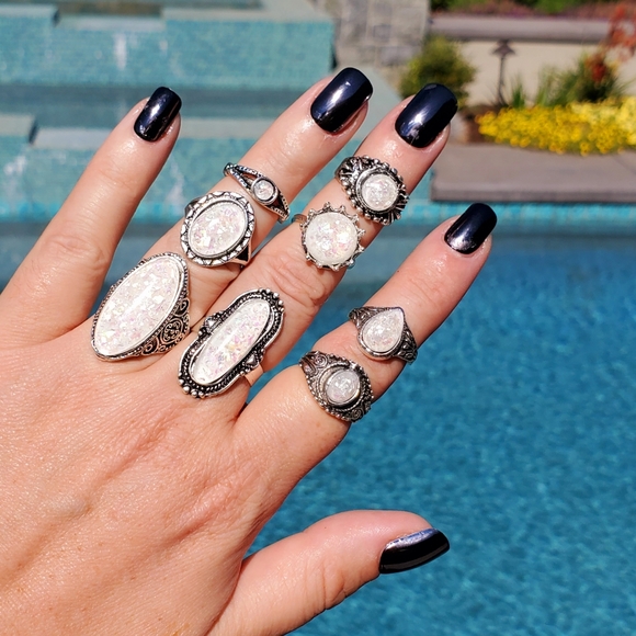 Jewelry - 2/$20🌼 8 Pc. Faux Opal Sparkly Boho Ring Set NWOT